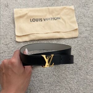 Louis Vuitton Dark Navy Leather Belt with Gold LV Buckle